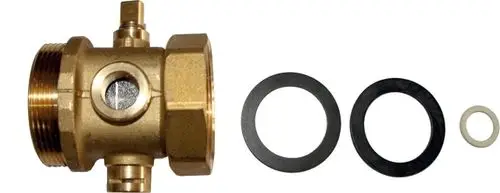 Brass valve with three openings and accompanying seals, designed for plumbing applications, suitable for Wolf systems.